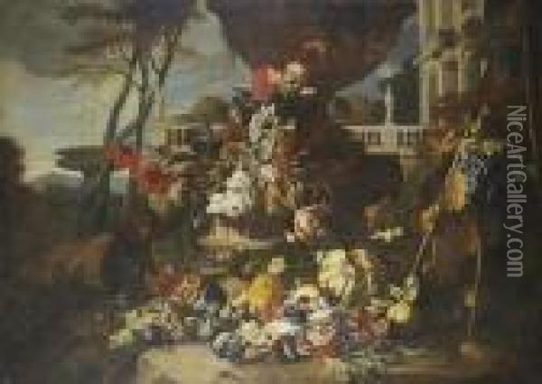 A Sculpted Urn With Tulips, 
Carnations, Morning Glory And Other Flowers With Pommegranates, Melons, 
Figs And Grapes, A Lizard And A Monkey On A Bank Before A Terrace, A 
Fountain Beyond Oil Painting - Abraham Brueghel