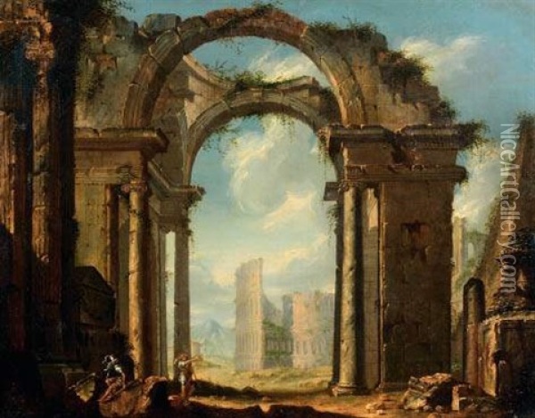 Capriccio De Ruines Romaines Avec Le Colisee, La Pyramide De Caius Cestius Et Le Temple De Vesta Oil Painting - Jean Nicolas Servandoni