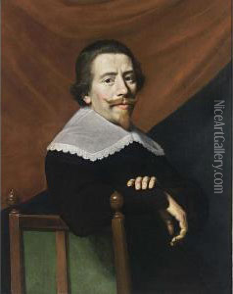 A Presumed Self-portrait, Seated Half-length, Wearing A Black Costume With White Lace Collar, On A Chair, A Red Curtain Behind Oil Painting - Jacob Van Hasselt