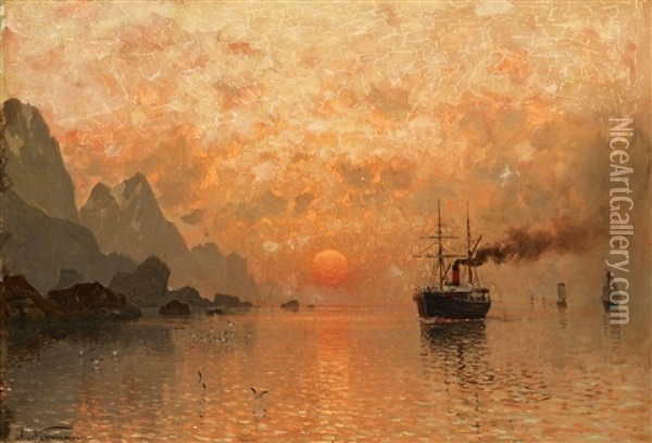 Ships In The Sunset Oil Painting - Adelsteen Normann