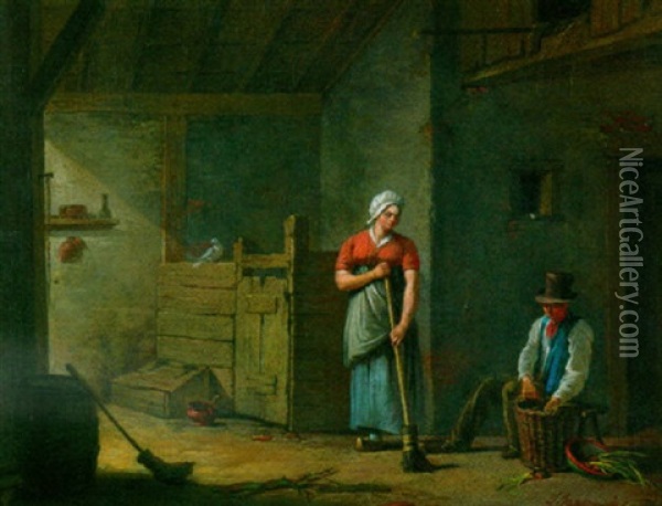 A Man And A Woman Cleaning The Interior Of A Barn Oil Painting - Johannes I Janson