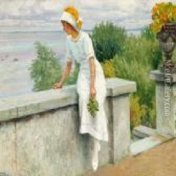 Young Woman In A White Dress By The Seaside Oil Painting - Paul-Gustave Fischer