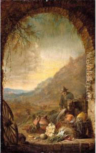 Landscape With A Man Unloading Produce From A Donkey, Seen Through An Arch Oil Painting - Willem Kalf