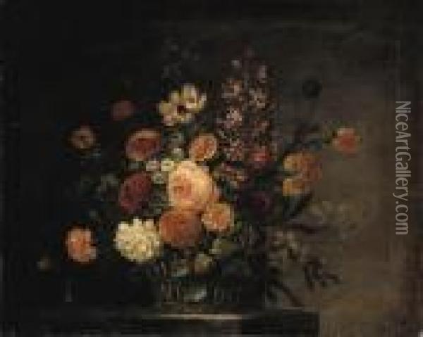 Roses, Tulips, Carnations And Other Flowers In A Basket On A Stone Ledge Oil Painting - Jean-Baptiste Monnoyer