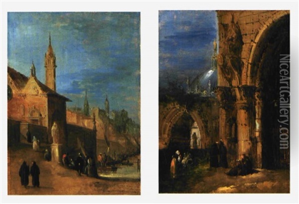 Scena Di Porto (+ Frati All'ingresso Di Una Cattedrale; 2 Works) Oil Painting - Giuseppe Bernardino Bison