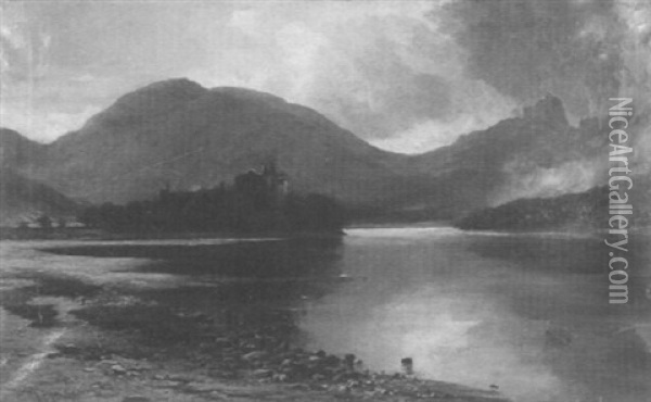 Stone Castle Overlooking Loch And Highlands Oil Painting - James Alfred Aitken