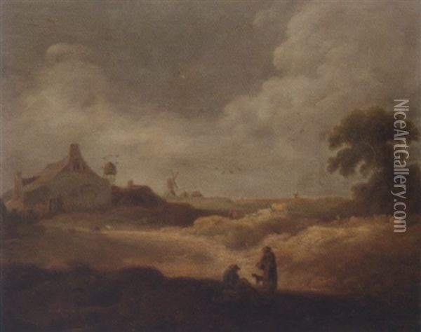 An Extensive Landscape With Peasants Conversing In The Foreground, A Farmhouse And Windmills Beyond Oil Painting - Pieter De Molijn