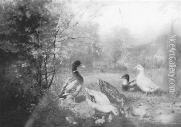 Ducks And Ducklings By A Pond Oil Painting - Julius Scheuerer