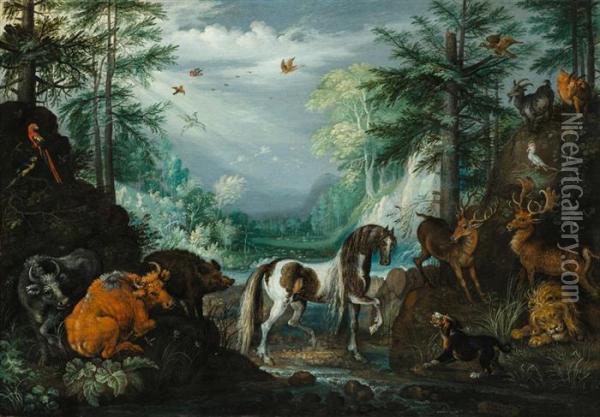 Paradisiacal Landscape With Animals And Saint Hubertus. 1627 Oil Painting - Roelandt Jacobsz Savery