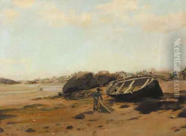 A French coastal scene with fishermen on the beach Oil Painting - Henri Louis Saintin