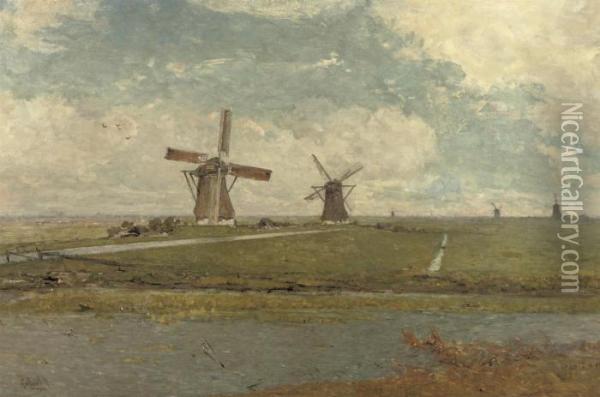 Les Moulins D'overschie: Windmills Near Overschie In Summer Oil Painting - Paul Joseph Constantine Gabriel
