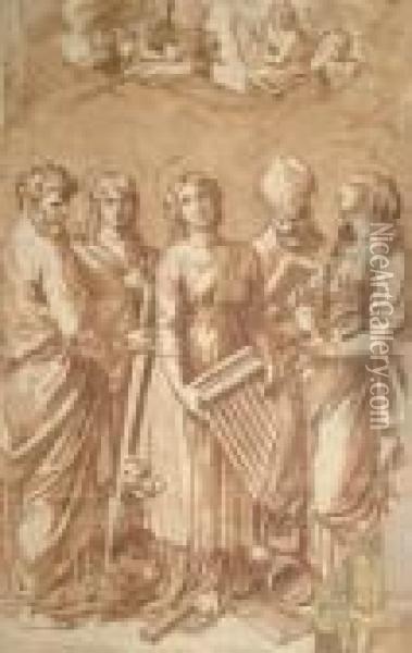 Five Standing Saints With Angels Above Oil Painting - Alessandro Bonvicino (Moretto da Brescia)