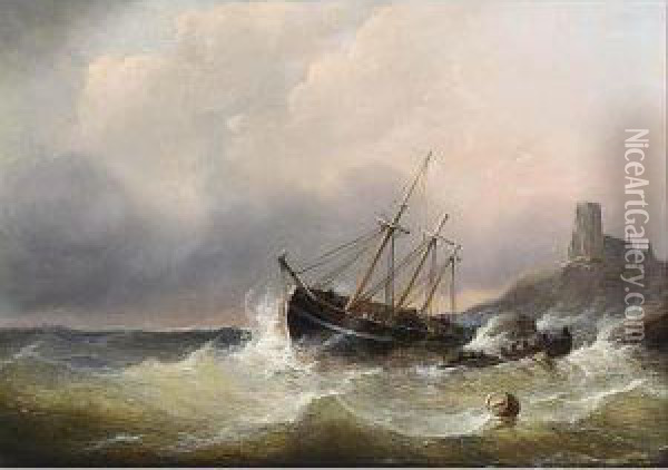 Vessels By A Coastline Oil Painting - Christiaan Cornelis Kannemans