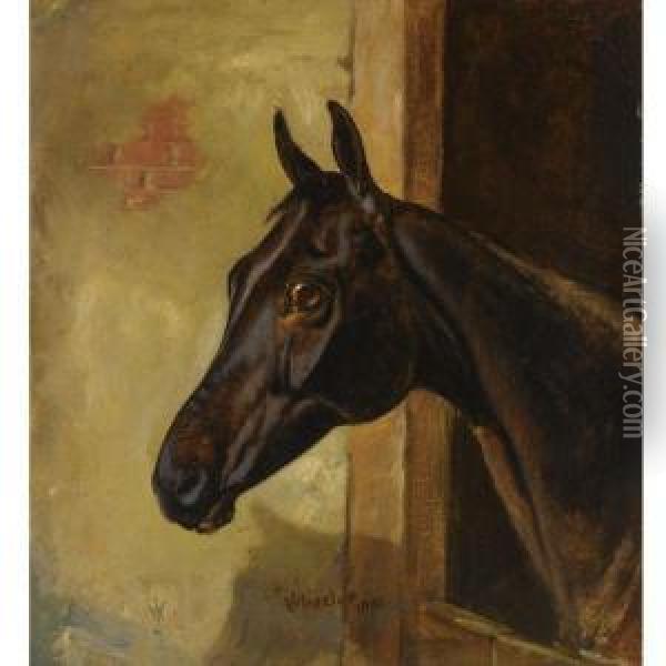 A Dark Bay Horse In A Stable Oil Painting - John Arnold Wheeler
