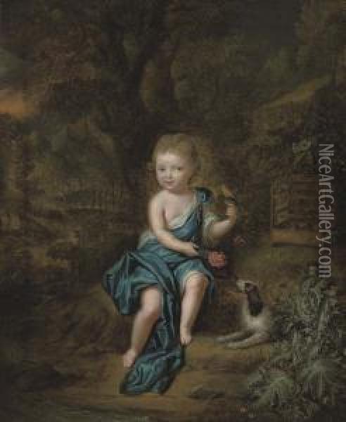 Portrait Of A Young Boy, Small Full-length, In A Blue Mantle Fastened At His Shoulder With A Jewel, A Canary Perched On His Left Hand, A Spaniel At His Side, In A Landscape Oil Painting - Mattheus Verheyden