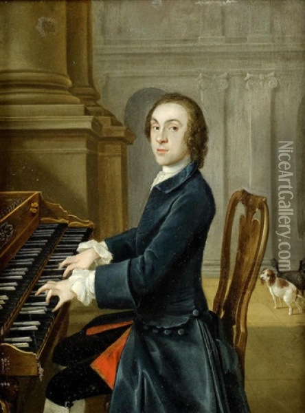 Portrait Of A Musician, Traditionally Identified As Thomas Arne, Seated At A Harpsichord Oil Painting - Francis Hayman