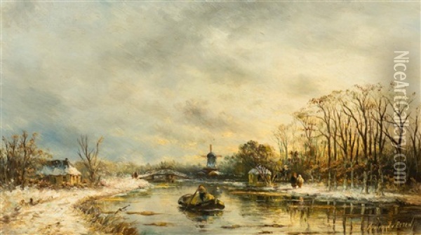 Winter River Landscape With Figures And Mill Oil Painting - Hendrik Dirk Kruseman van Elten