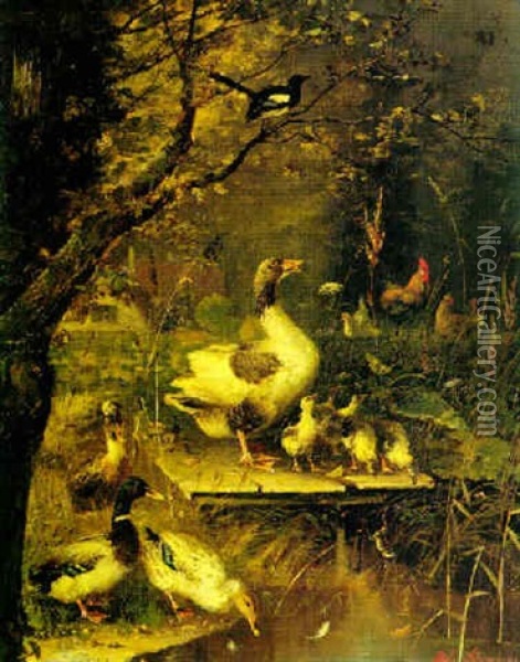 Ducks By The Water's Edge Oil Painting - Julius Scheuerer