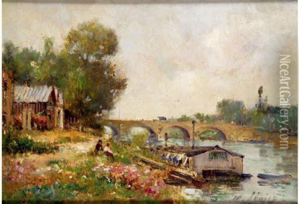 Pont De Maison Laffitte Et Bateau Lavoir De Sartrouville Oil Painting - Maurice Levis