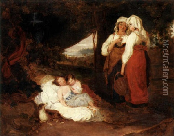 Maidens Watching Over The Children Oil Painting - Thomas Uwins