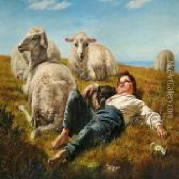 Danish Shepherd With Dog And Sheep Oil Painting - Anna Maria Elisabeth Jerichau-Baumann