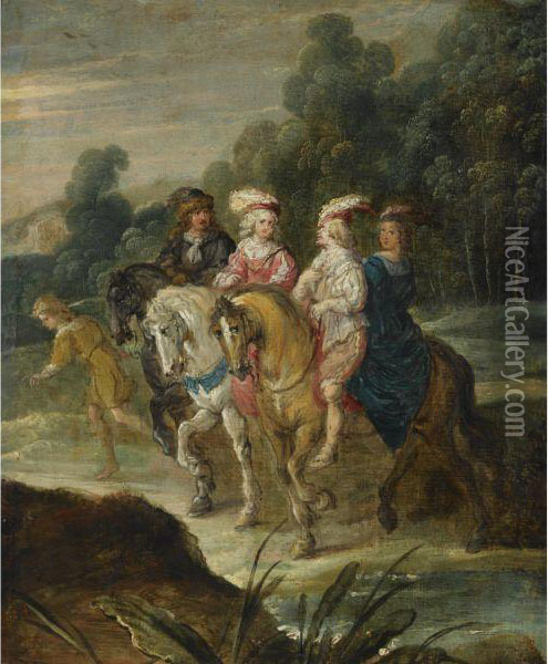 An Elegant Company On Horseback Oil Painting - Hans III Jordaens