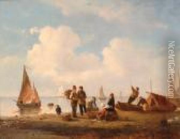 Fishermen On Thebeach Oil Painting - Wijnandus Johannes Josephus Nuijen