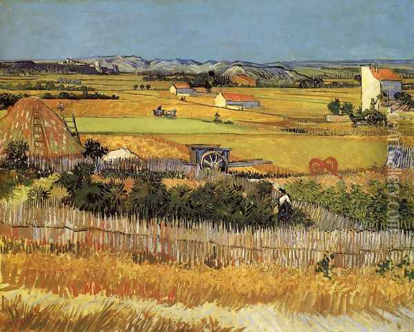 Harvest At La Crau With Montmajour In The Background Oil Painting - Vincent Van Gogh