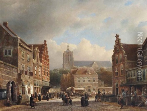 A Bustling Day On A Sunlit Town Square Oil Painting - Kasparus Karsen