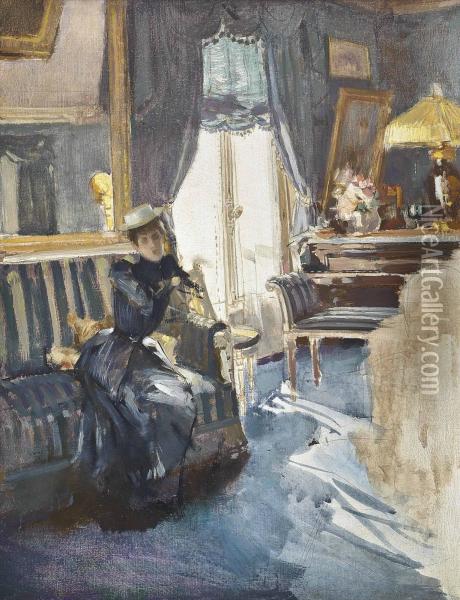 An Elegant Lady In A Sunlit Interior Oil Painting - Paul Cesar Helleu