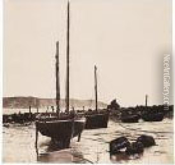 Barques De Pecheurs, Baie De Saint-brelade. 'souvenir De Jersey' Oil Painting - Thomas Sutton