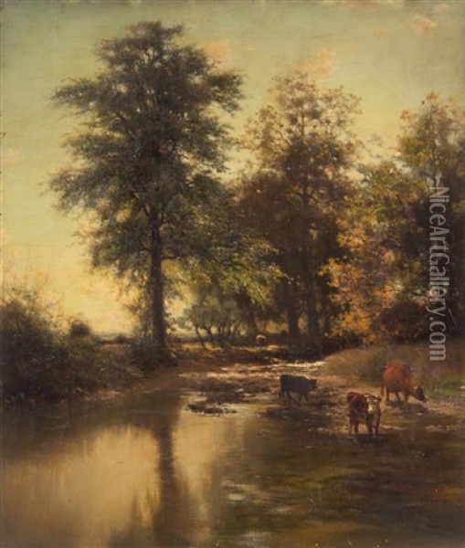 Landscape With Cows In Stream Oil Painting - Arthur Parton