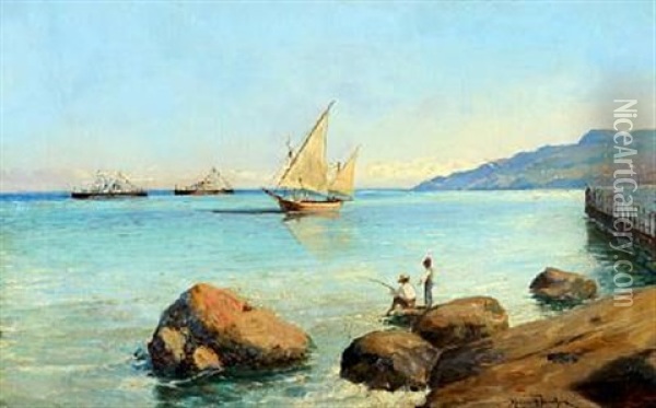 Sunny Italian Coastal Scenery With Boats And Fishing Man And Boy Oil Painting - Holger Hvitfeldt Jerichau