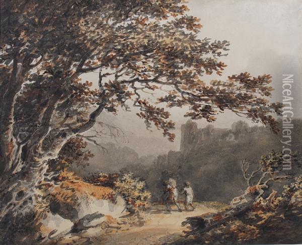 Travellers On A Country Path, A Castle Beyond Oil Painting - Joseph Ii Barber