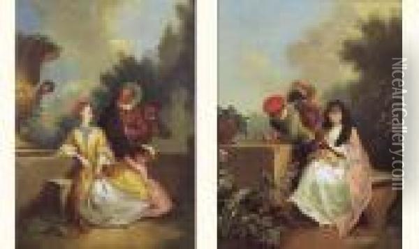 Jeune Femme Assise Avec Son Carlin Dans Un Parc. Oil Painting - Christian Wilhelm Ernst Dietrich