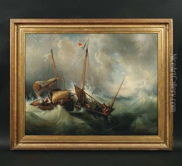 Naturgewalten. Zwei Fischerboote Kampfen Gegen Die Sturmgepeitschten Wellen Oil Painting - Charles Louis Mozin