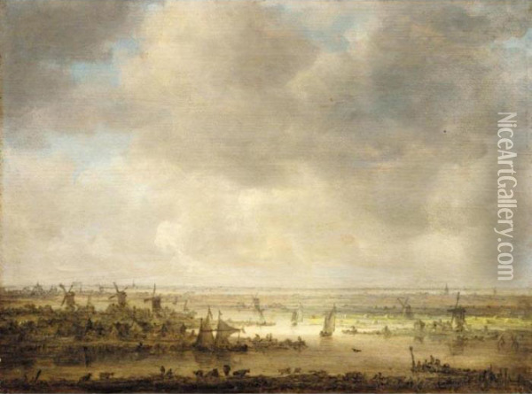 Panoramic Landscape With Windmills And Boats Oil Painting - Jan van Goyen