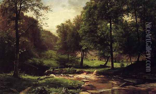 Stream with Field and Grazing Cattle Oil Painting - George Hetzel