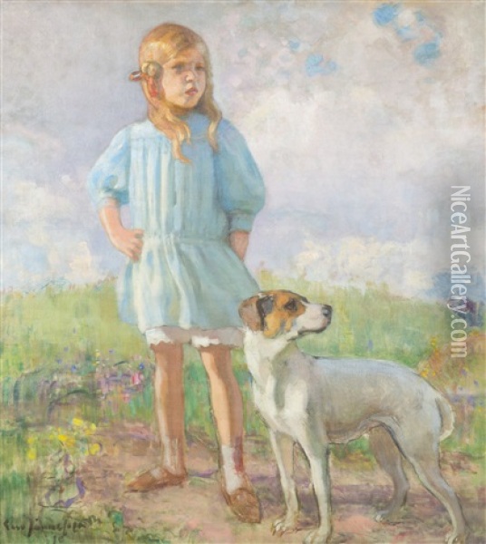 Girl With A Dog Oil Painting - Eero Jaernefelt