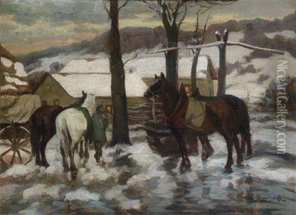 Winterliche Landschaft Mit Pferden In Der Abenddammerung Oil Painting - Jakob Koganowsky