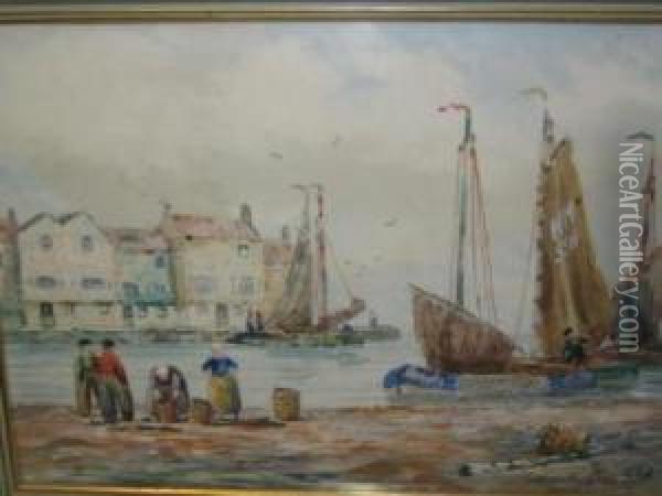 Dutch Luggers In Port On The Maas, Signed Oil Painting - John Hamilton Glass