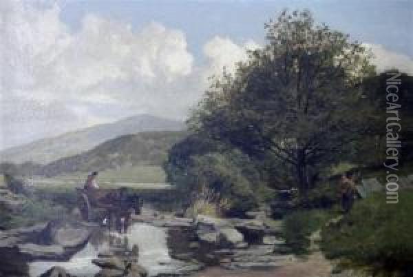 Pony And Trap At A Ford Oil Painting - James Peel