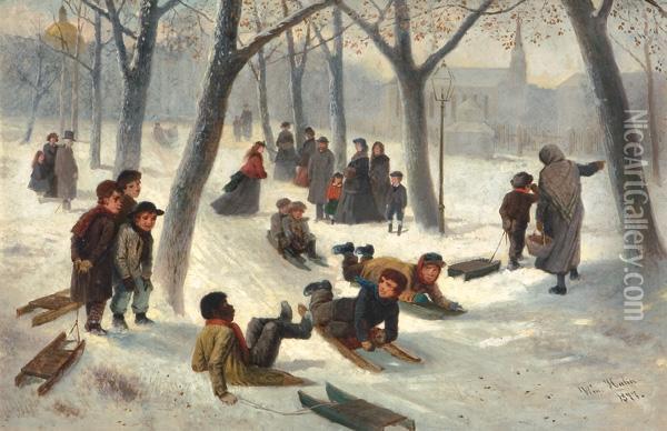 Snow Day, Sledding On Boston Common Oil Painting - William Hahn