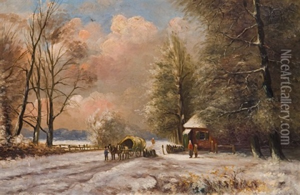 Winterliche Landstrase Mit Pferdewagen Oil Painting - Louis Apol