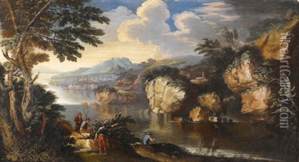 Flusslandschaft Mit Fischer Und Rastenden Soldaten Oil Painting - Pietro Montanini
