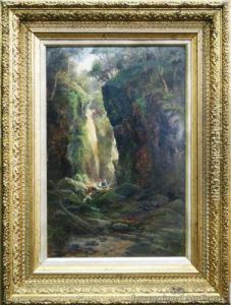 In Gorge Near Waterfall - Water Of Leithdunedin Oil Painting - James Peele