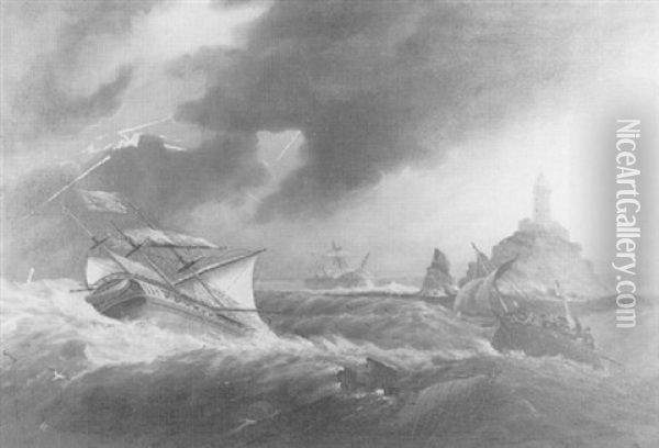 Shipping In A Storm Off A Lighthouse Oil Painting - Thomas Buttersworth