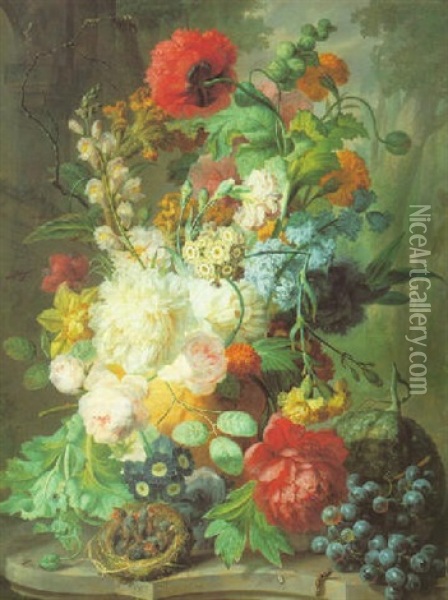 Still Life Of Peonies, Cabbage Roses And Other Flowers In A Sculpted Urn With A Bird's Nest And Fruits On A Ledge Oil Painting - Jan van Os