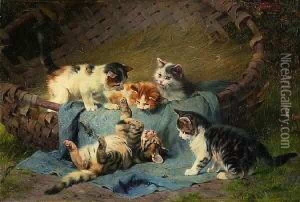 Katzengluck - Funf Spielende
 Katzchen In Einem Korb. Oil Painting - Julius Adam