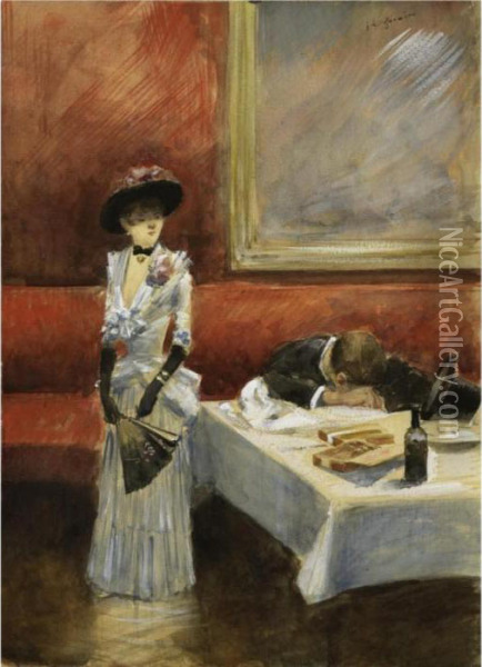 Au Restaurant Oil Painting - Jean-Louis Forain